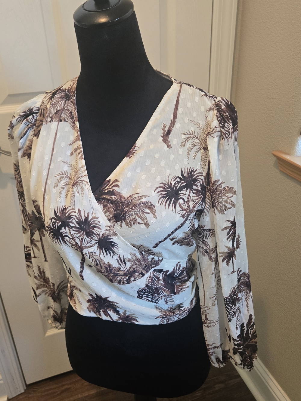 Joie Cream and Brown Palm-Print Wrap Blouse